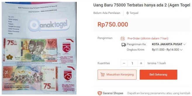 Uang Pecahan Rp75 Ribu Dalam Rangka HUT RI ke-75 Indonesia.