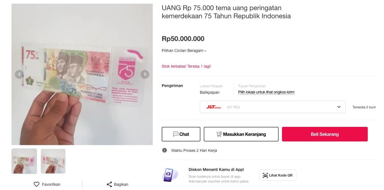 Waduh! Pecahan Rp75 Ribu Dijual Rp50 Juta di e-Commerce. (Foto: Ist)