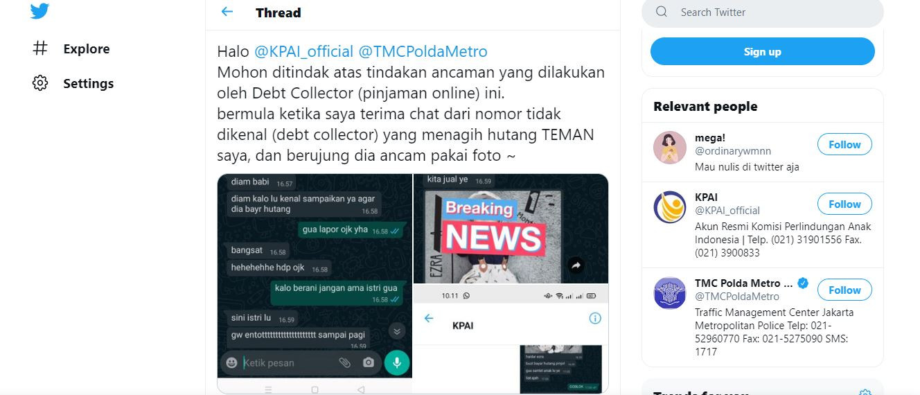 Debt Collector Kian Meresahkan, Ancam Santet Anak Kerabat Peminjam. (Foto: Twitter/@ordinarywmnn)