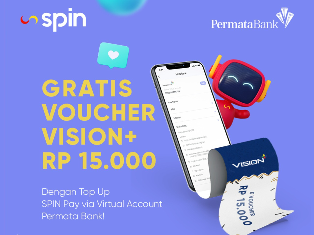 Top Up SPIN PAY Dapat Gratis Voucher Vision+ Rp15.000, Ini Caranya! (FOTO: MNC Media)