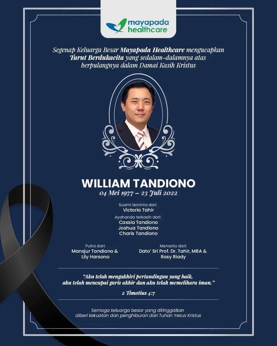 Menantu Dato Sri Tahir, William Tandiono Meninggal Dunia