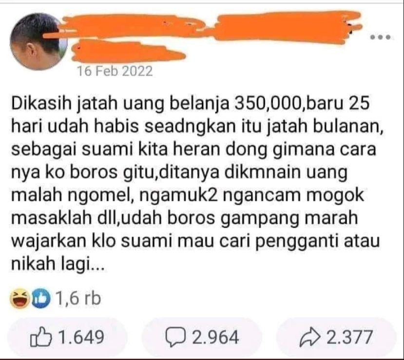 Viral, Suami Tuduh Istri Boros karena Duit Rp350 Ribu Habis Tak Sampai Sebulan. (Twitter/Area Julid)