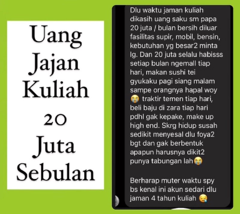 Curhat Warganet Foya-Foya Uang Jajan Kuliah Rp20 Juta Sebulan, Endingnya Nyesal. (Foto: IG @ngertisaham).