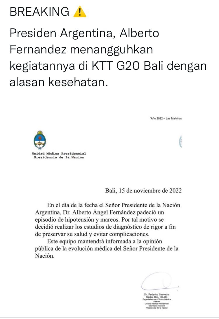 Dilaporkan Sakit, Presiden Argentina Undur Diri dari KTT G20 Bali. (Foto : MNC Media)