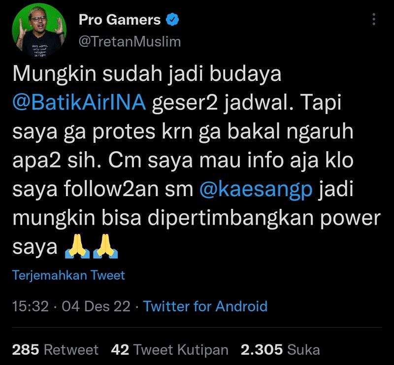 Usai Kaesang, Kini Giliran Komika Tretan Muslim yang Dikecewakan Batik Air. (Foto: Twitter Tretan Muslim).