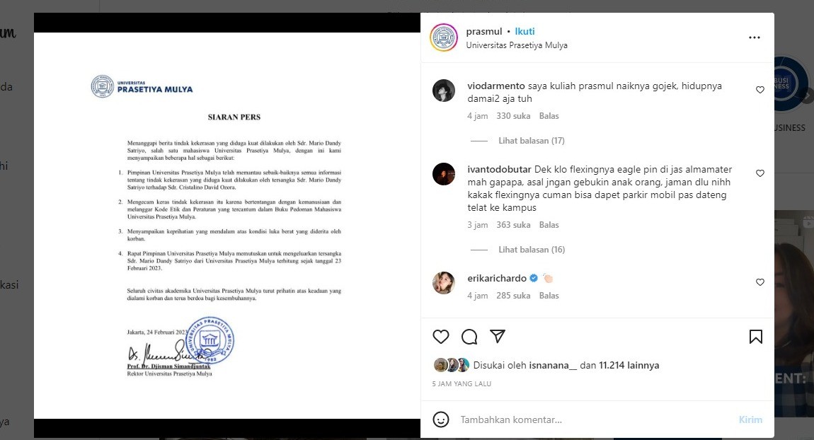 Empat Pernyataan Lengkap Prasetiya Mulya Soal DO Tersangka Penganiayaan Mario Dandy. (Foto: MNC Media)