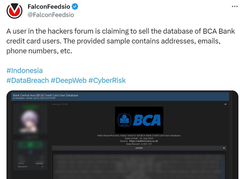 BCA (BBCA) Angkat Bicara soal Ramai Enam Juta Data Nasabahnya Bocor (Foto Twitter @FalconFeedsio)