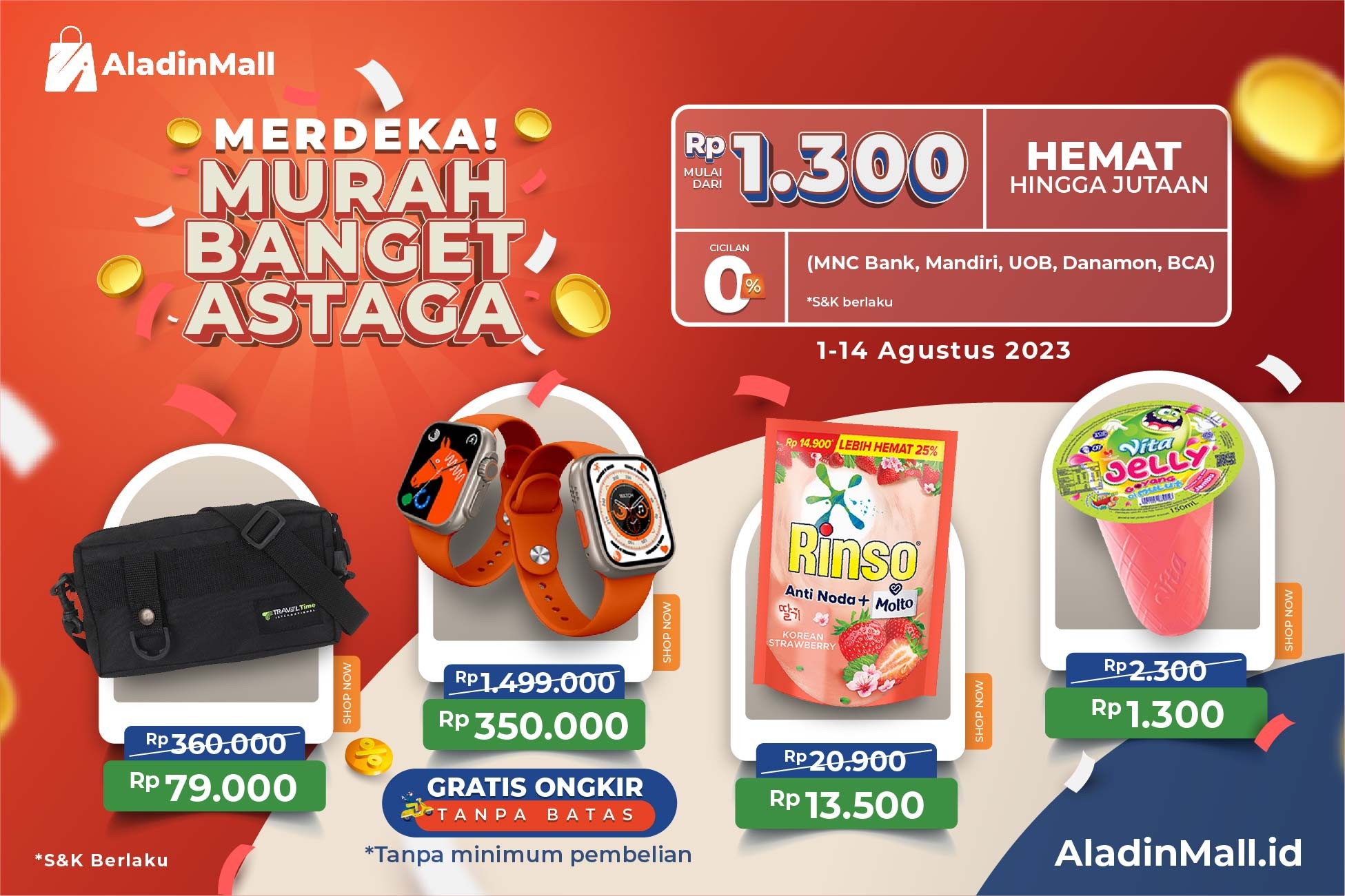 Ada Promo Merdeka di AladinMall, Bisa Hemat Sejutaan Plus Gratis Ongkir. (Foto: MNC Media)