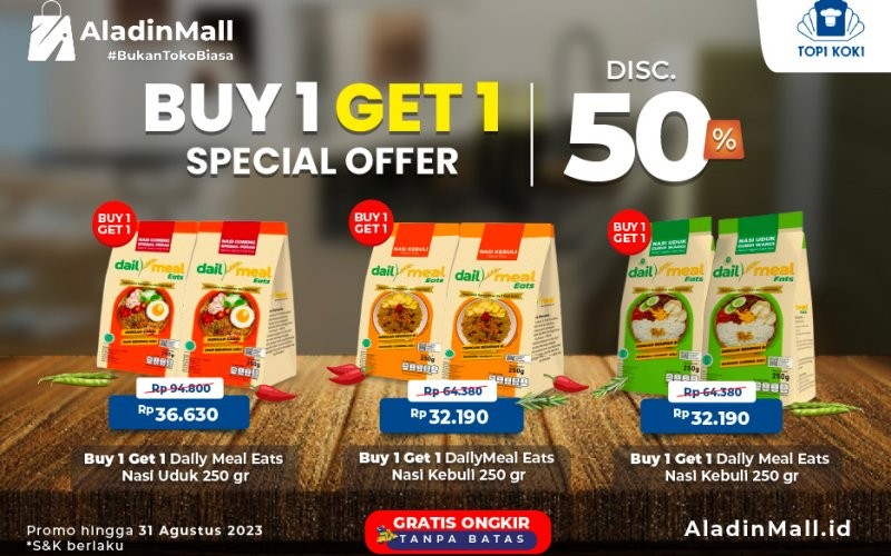 Masak makanan bisa menjadi praktis di Aladinmall. Ada promo buy 1 get 1 DailyMeals Eats dan gratis ongkos kirim (ongkir) (Aladinmall)