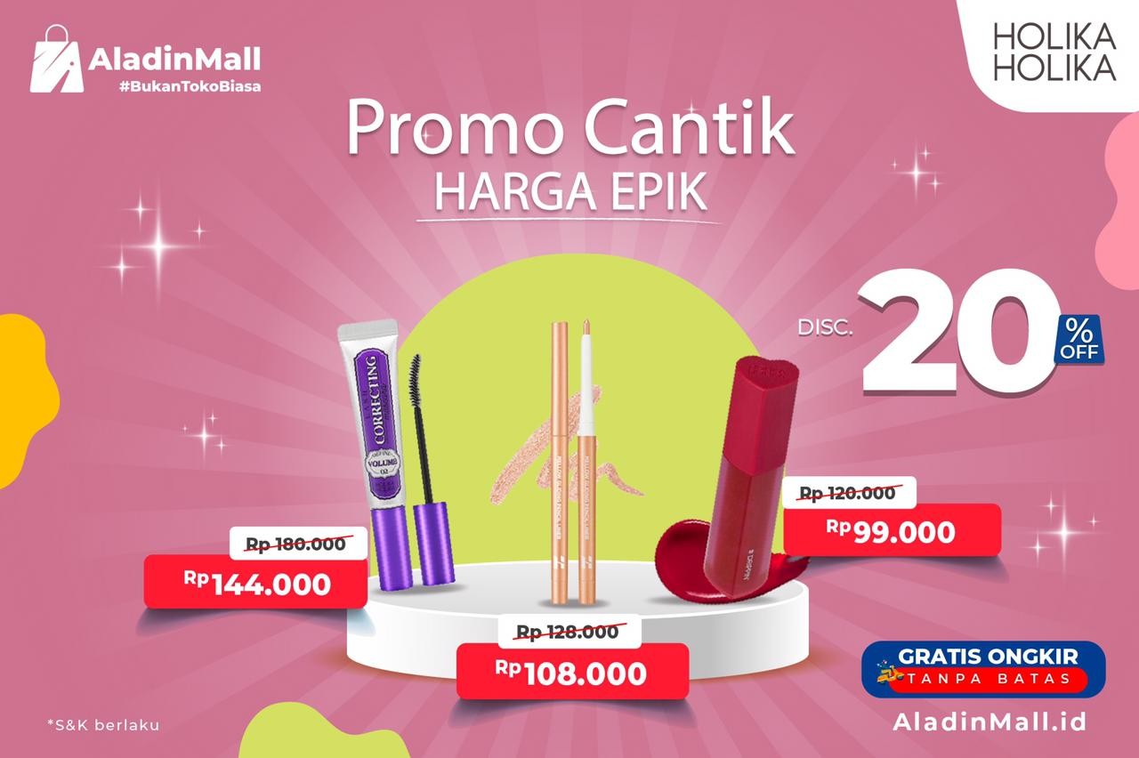 Holika Holika Diskon Hingga 20 Persen Plus Gratis Ongkir di AladinMall. (Foto: MNC Media)