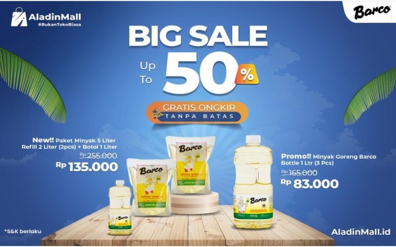 Big Sale Agustusan! Minyak Goreng Barco Diskon s.d 50% + Gratis Ongkir di AladinMall, Yuk Serbu. Foto: MNC Media