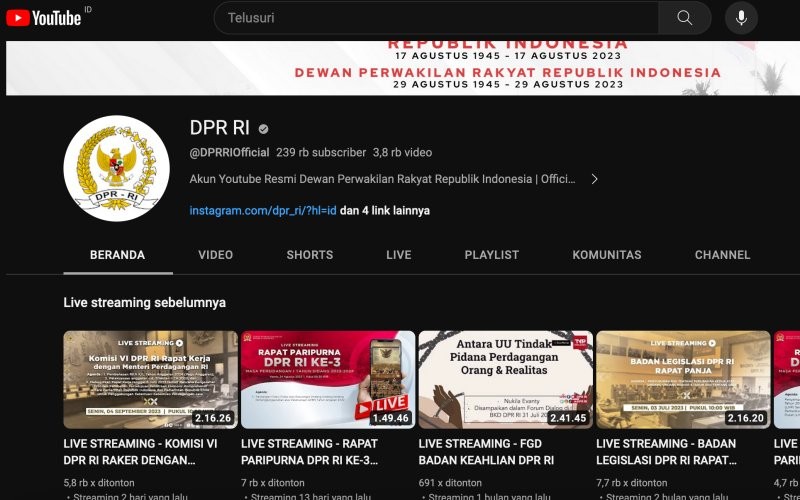 Akun YouTube resmi DPR RI sudah kembali normal usai diretas (Repro IDXChannel)