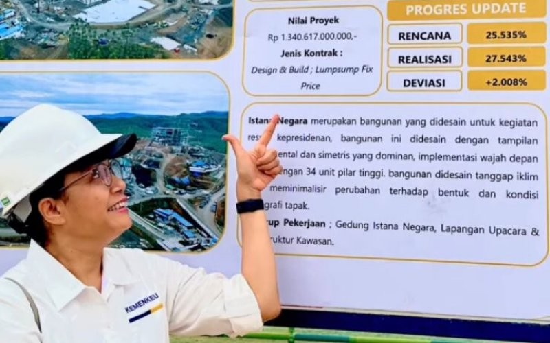 Menkeu Sri Mulyani memerika kemajuan pembangunan Istana Negara di IKN yang menelan anggaran Rp1,34 triliun. (Instagram/smindrawati)