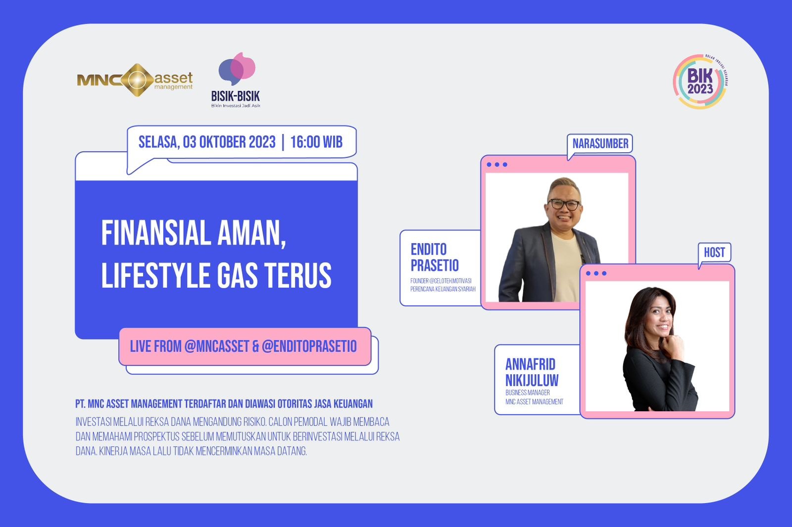 Lifestyle Jalan Finansial tetap Aman, Simak Triknya di IG Live MNC Asset. Foto: MNC Media.