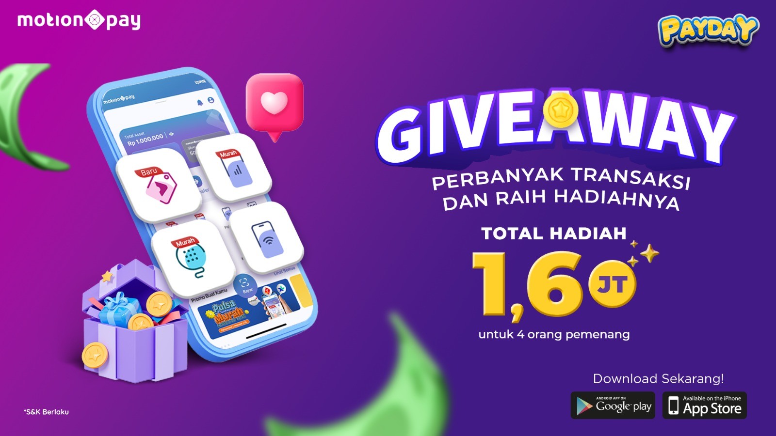 Payday, Perbanyak Transaksi dan Raih Giveaway Bonus Saldo Total Rp1,6 Juta dari MotionPay. (Foto: MNC Media) 