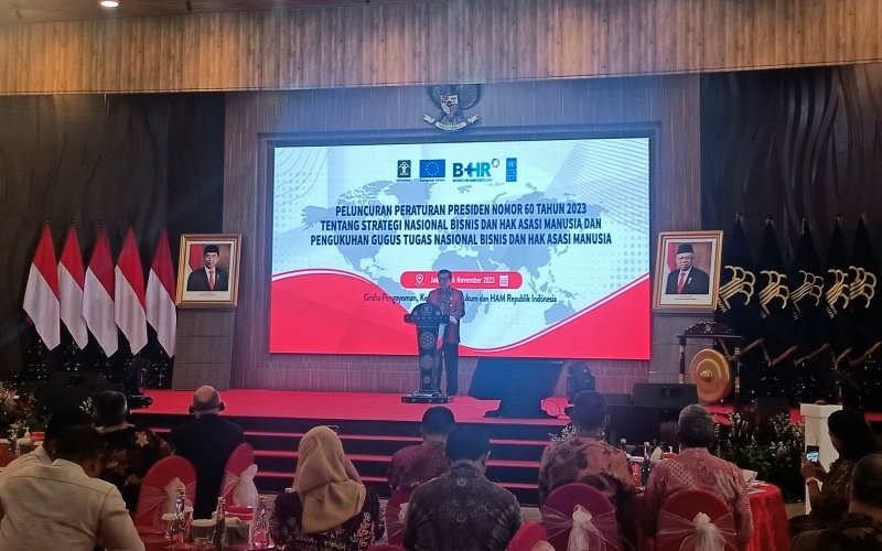 Kemenkumham resmi meluncurkan Peraturan Presiden nomor 60 tahun 2023. Perpres itu mengatur tentang strategi nasional bisnis dan HAM (Bachtiar Rojab/MPI)