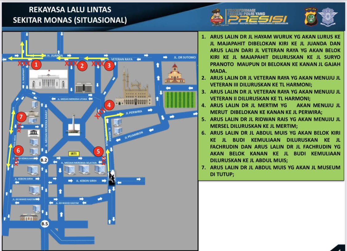 Rekayasa Lalin Sekitar Monas saat Munajat 212, Dimulai Pukul 00.00 WIB. (Foto Polda Metro Jaya)