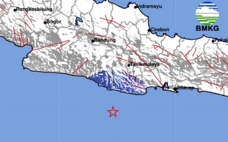 Gempa bumi terkini berkekuatan Magnitudo 4,3 mengguncang Pangandaran, Jawa Barat.