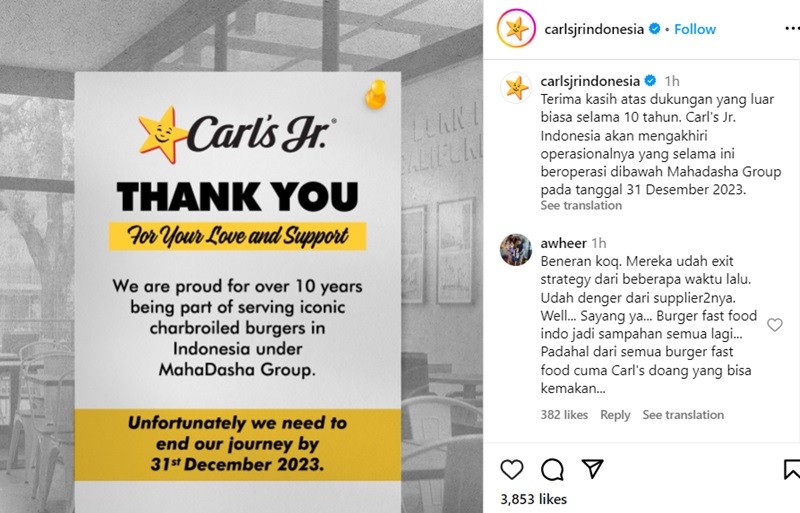 Restoran Burger Carl's Jr Resmi Tutup di RI per 31 Desember 2023 (Foto instagram @carlsjrindonesia)
