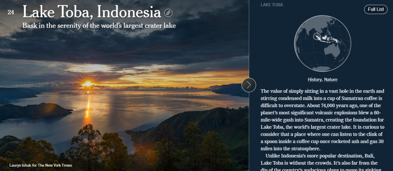 Danau Toba Masuk Daftar Rekomendasi Wisata versi New York Times 2024. (Foto MNC Media)