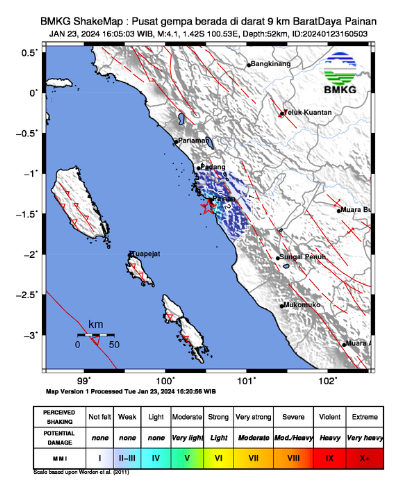 Painan Sumbar Diguncang Gempa M4,1, Berpusat di Darat. (Foto: Dok. BMKG)