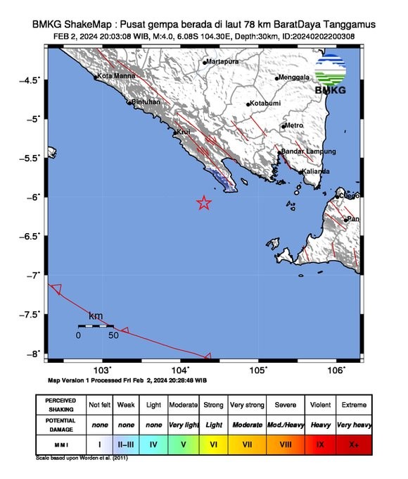 Gempa M4,0 Guncang Tanggamus Lampung. (Foto: Dok. BMKG)