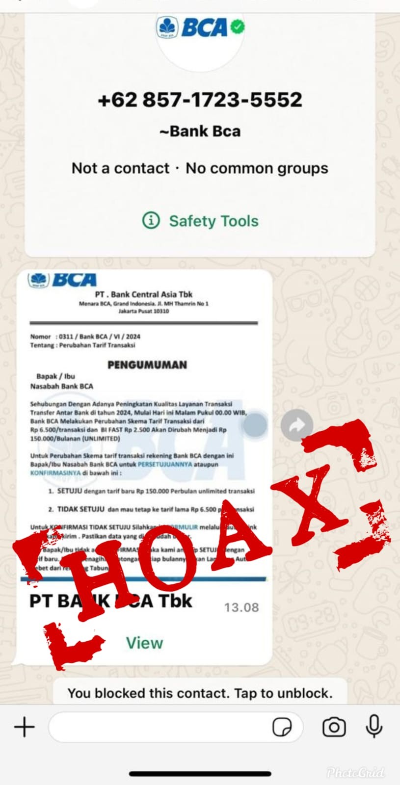 BCA (BBCA) Tegaskan Pengumuman Transfer Antar Bank jadi Rp150 Ribu adalah HOAX (FOTO:Dok BCA)