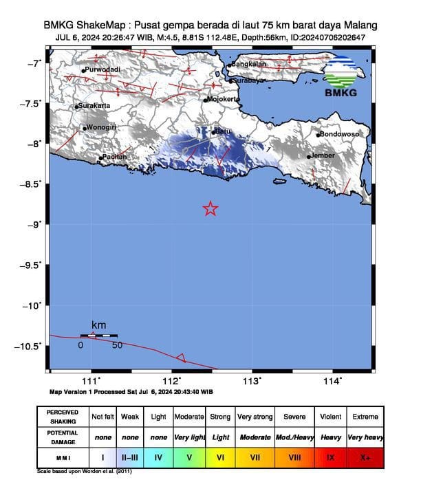 Gempa M4,5 Guncang Malang, Dirasakan hingga Trenggalek. (Foto: BMKG)