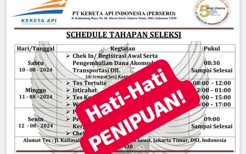 KAI mengimbau masyarakat agar mewaspadai modus penipuan berbentuk lowongan kerja. (KAI)