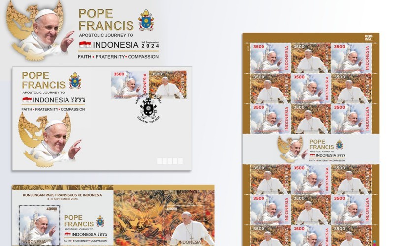 PT Pos Indonesia dan Kominfo resmi meluncurkan perangko seri Kunjungan Paus Fransiskus ke Indonesia. (PT Pos Indonesia)