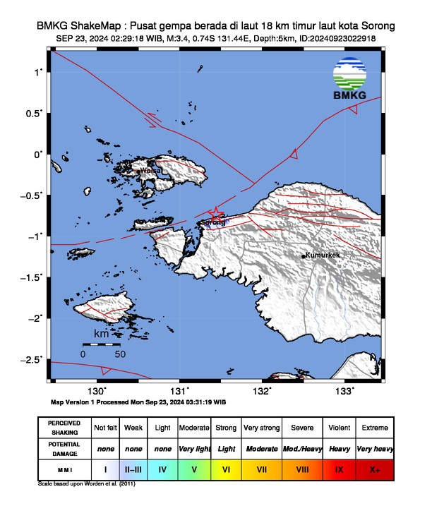 Gempa M3,4 Guncang Kota Sorong, BMKG Beberkan Penyebabnya. (Foto: BMKG)
