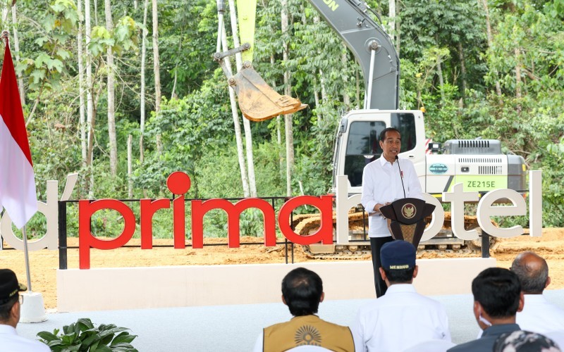 Presiden Jokowi dan Badan OIKN menggelar seremonial groundbreaking d’primahotel Nusantara di IKN, Kalimantan Timur. (OIKN)