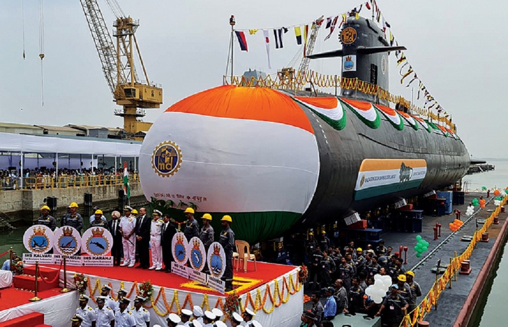 Peluncuran INS Vagsheer, kapal selam Scorpene kelas kalvari ke-6 dan terakhir milik India yang dibangun oleh Mazagon Dock Limited (MDL), beberapa tahun silam. (