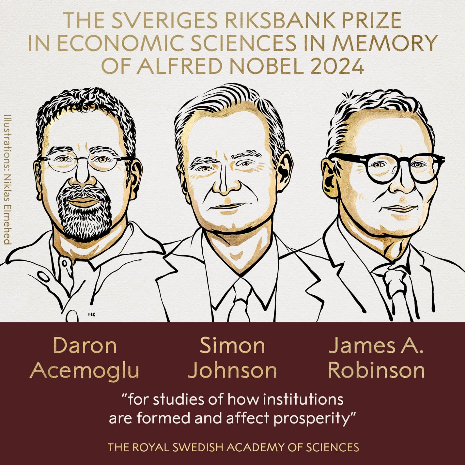 Tiga Ekonom Terima Nobel Ekonomi 2024, Teliti Alasan Negara Berkembang Sulit Kaya. (Foto: X/@NobelPrize)