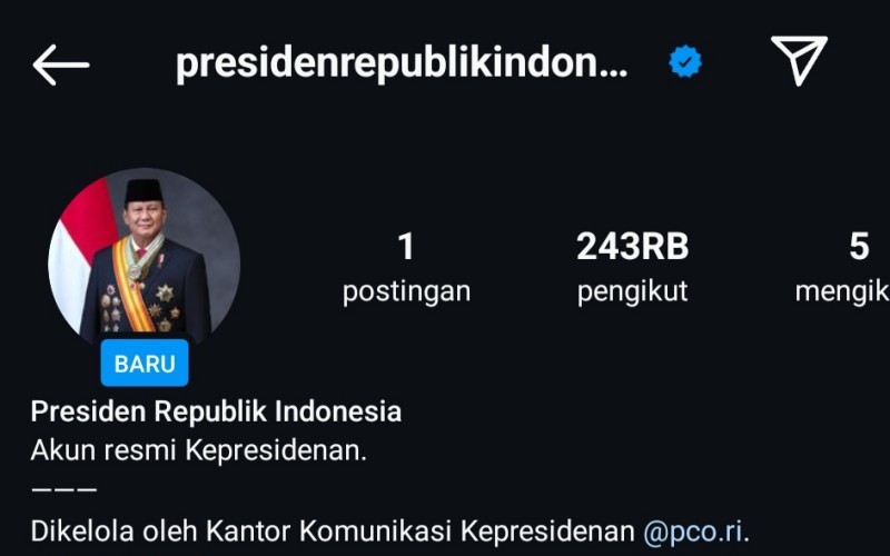 Kantor Komunikasi Kepresidenan membuat akun instagram untuk Presiden RI Prabowo Subianto. (Instagram)