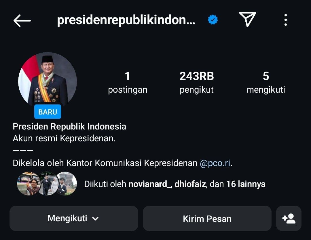 Istana Buat Akun Instagram Resmi Presiden RI, Bakal Unggah Kegiatan Prabowo. (Foto: Instagram Presiden Republik Indonesia)