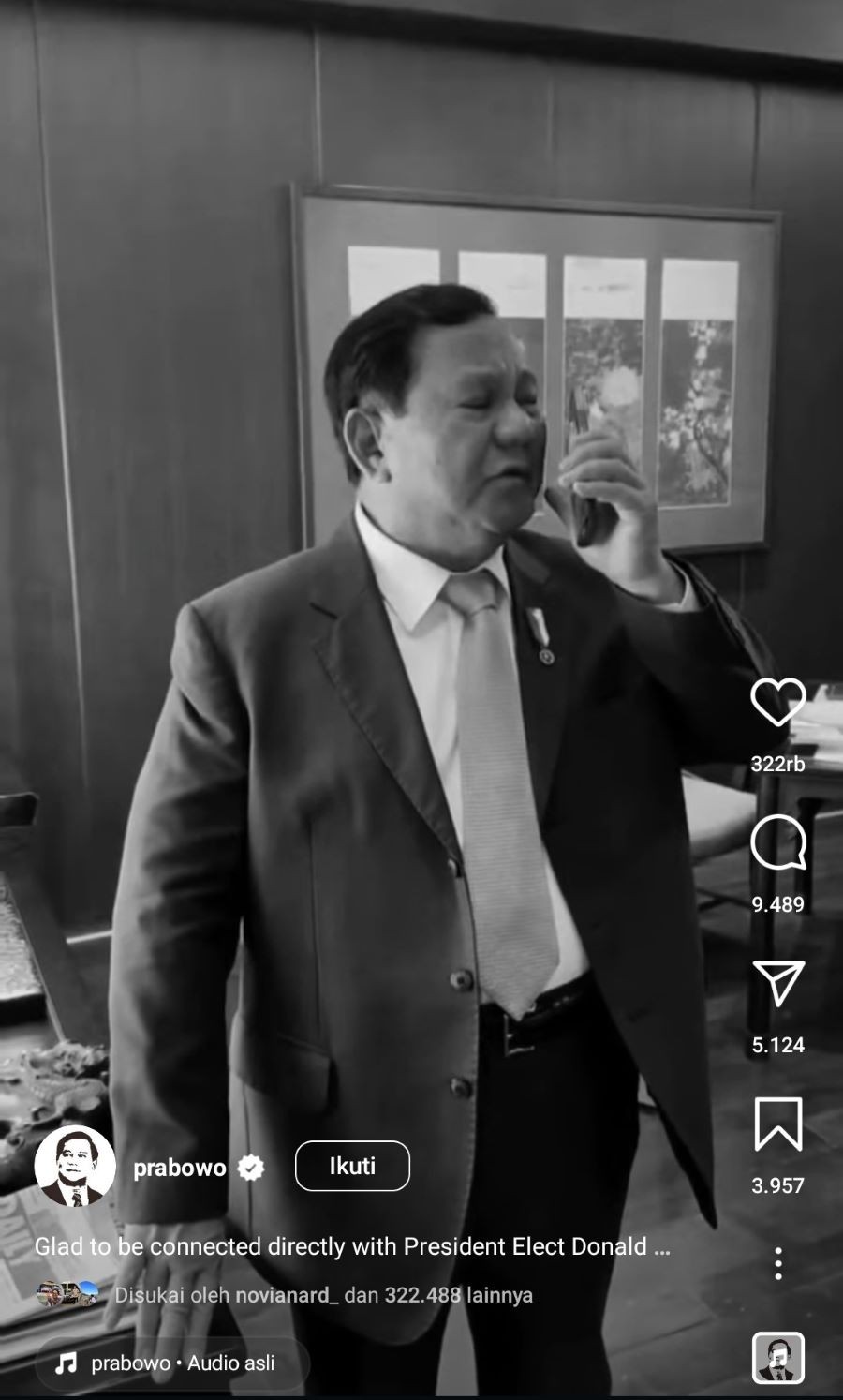 Momen Prabowo Telepon Trump Sampaikan Selamat Menang Pilpres AS. (Foto: Instagram Prabowo Subianto)