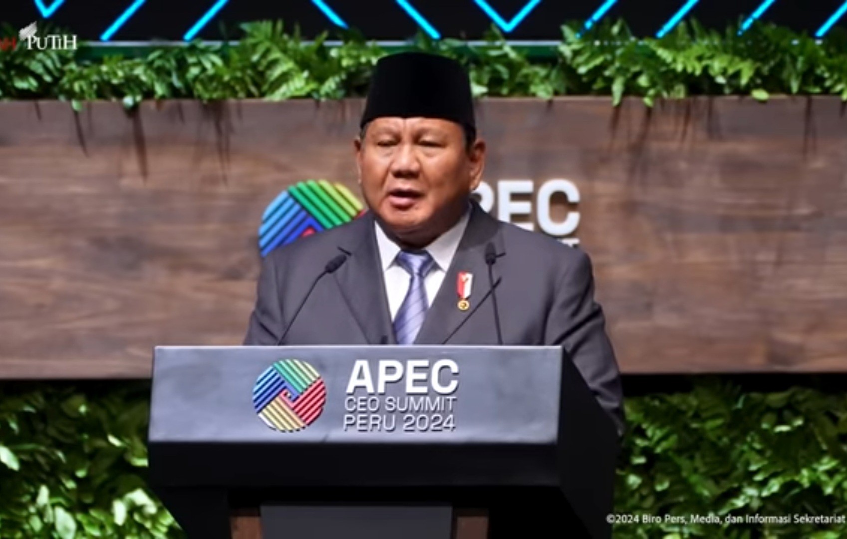 Presiden Prabowo Subianto berpidato di APEC CEO Summit di Lima, Peru, Kamis (14/11/2024). (Foto: YouTube/Sekretariat Presiden)