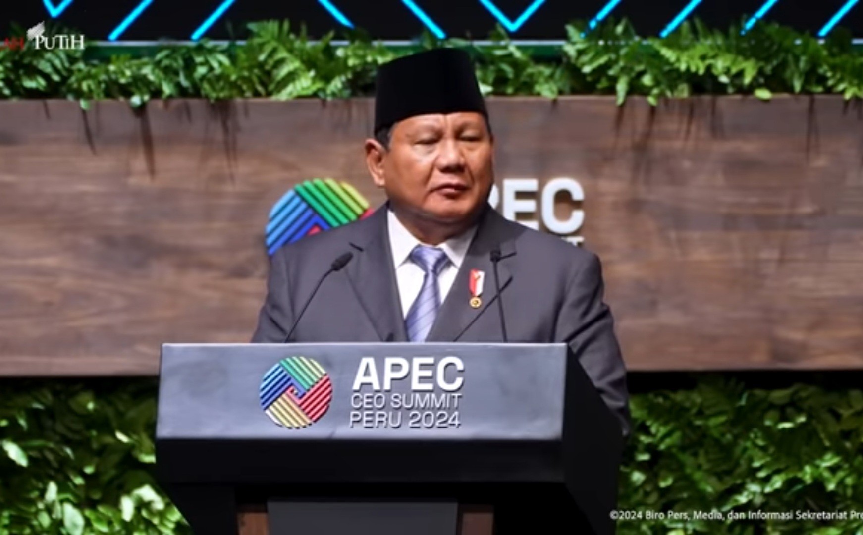 Presiden Prabowo Subianto berpidato di KTT APEC di Peru, Kamis (14/11/2024). (Foto: YouTube/Setpres)