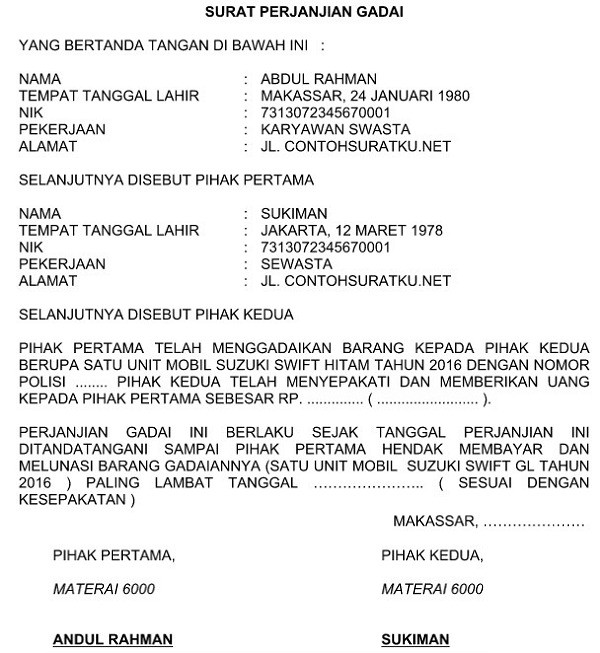 Contoh Surat Perjanjian Gadai Mobil