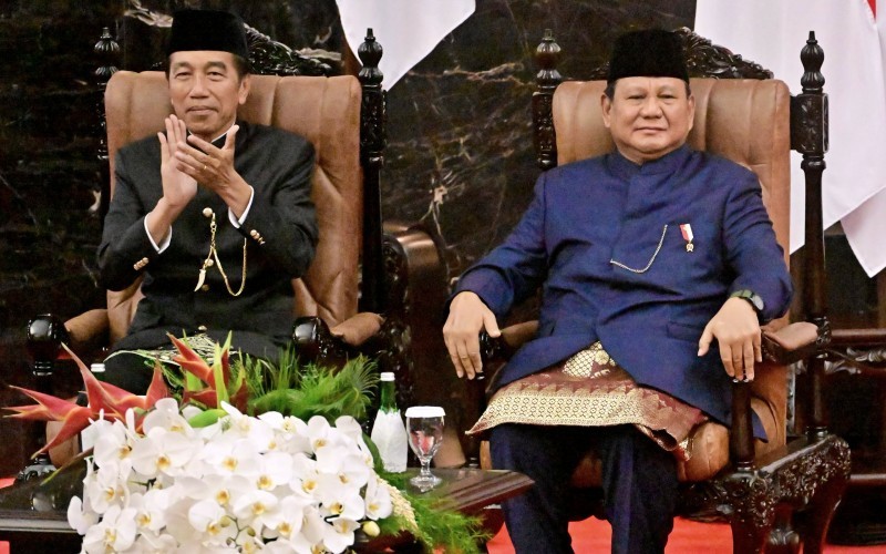 Presiden kedelapan Prabowo Subianto dan Presiden ketujuh Joko Widodo (Jokowi) saat pelantikan Prabowo di Gedung MPR/DPR, Minggu (20/10/2024) (Presidenri)