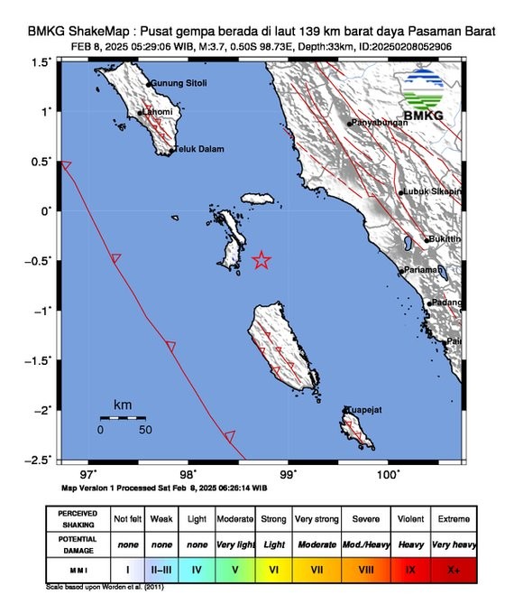 Gempa M 3,7 Guncang Laut Pasaman Barat Sumbar Pagi Ini (foto ist)