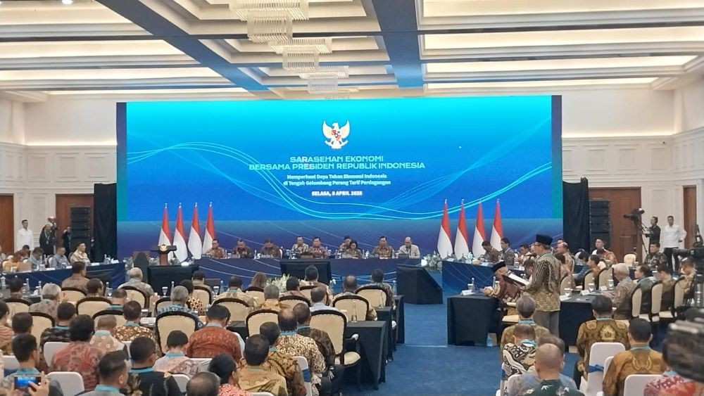Prabowo Tiba di Sarasehan Ekonomi, Bakal Umumkan Sikap RI Soal Tarif Impor AS. Foto: MNC Media.