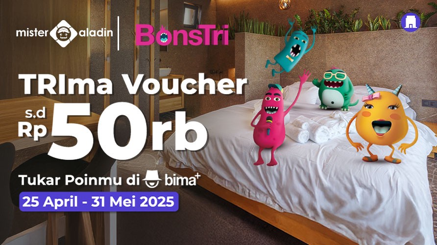 Dapatkan voucher hotel hingga Rp50.000 dari Mister Aladin & 3! Tukar poin di bima+ dan rencanakan liburan hemat hingga 31 Mei 2025.