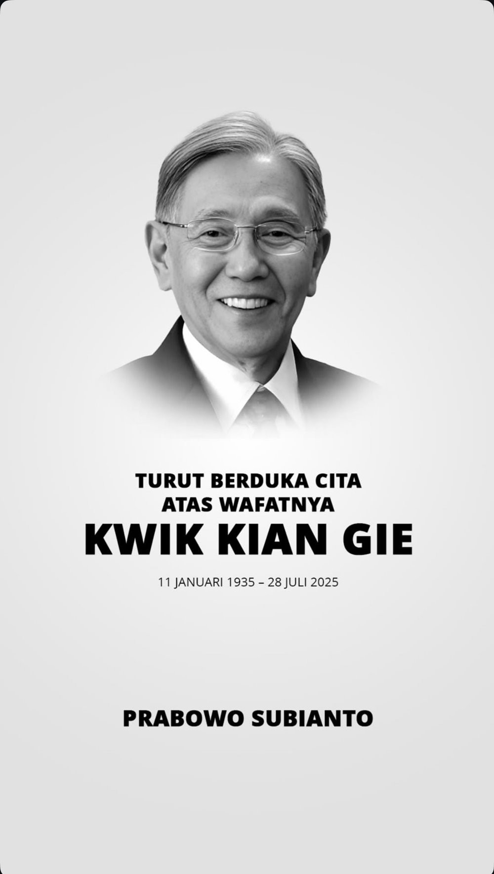 Kwik Kian Gie Tutup Usia, Prabowo Sampaikan Ucapan Duka (Instagram @prabowo)