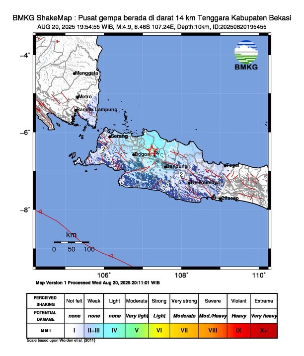 Gempa Bekasi M4,9 Berpusat di Darat, BMKG: Hati-Hati Gempa Susulan. (Foto: Dok. BMKG)