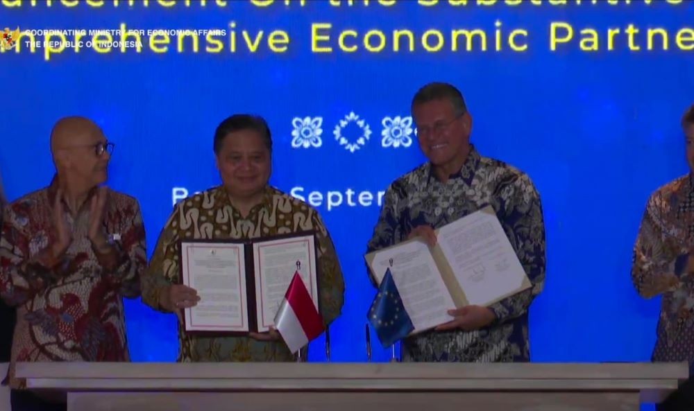 Indonesia dan Uni Eropa Resmi Teken Dokumen Substansial IEU-CEPA. Foto: iNews Media Group.