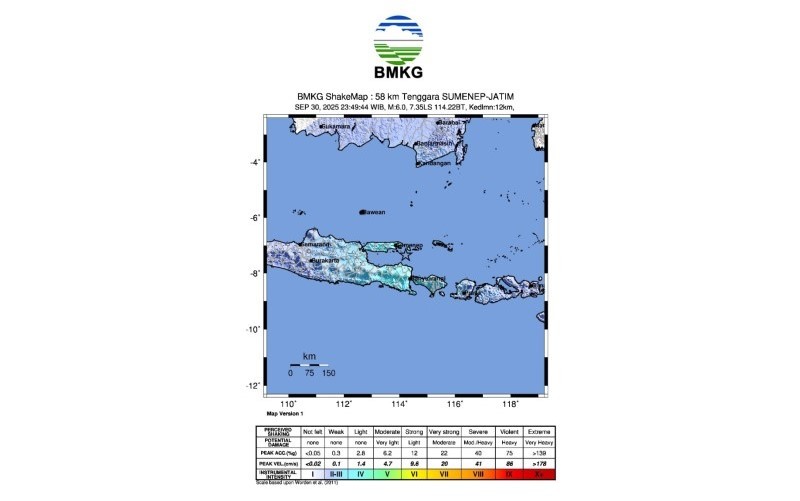 Gempa bumi tektonik mengguncang wilayah Sumenep dan Pulau Sapudi, Jawa Timur pada Selasa (30/9/2025) pukul 23.49 WIB. (Foto: Dok. BMKG)