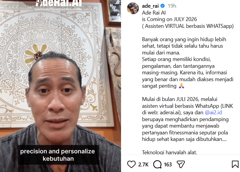 Perluas Edukasi, Ade Rai dan AIA Indonesia Buat Asisten Virtual AI untuk Pendamping Kesehatan Personal. (Foto: Instagram/Ade Rai)