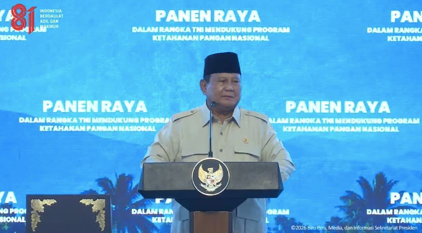 Prabowo Apresiasi Panen Raya TNI Serentak di 43 Titik Seluruh Indonesia. (Foto: Youtube Sekretariat Presiden)